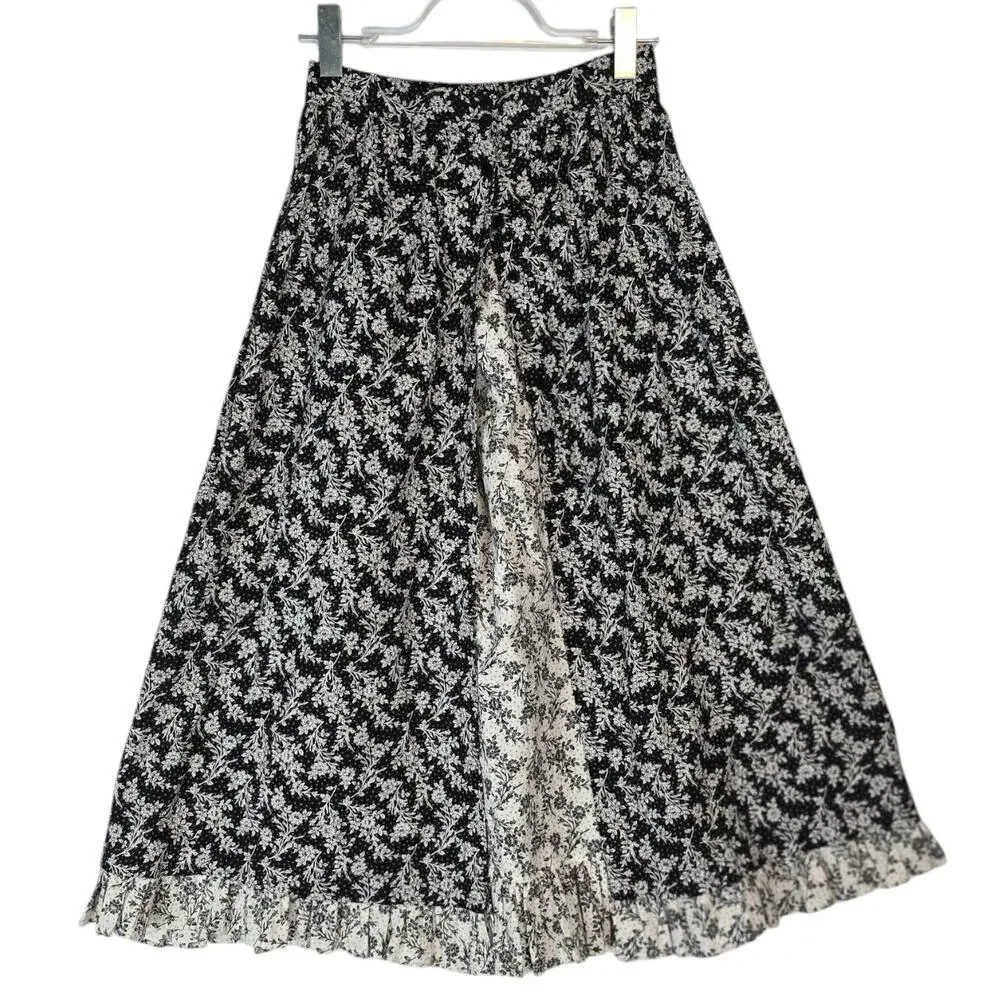 Vintage 90's Personal Maxi Skirt Prairie Cottagecore Black White Floral Cotton